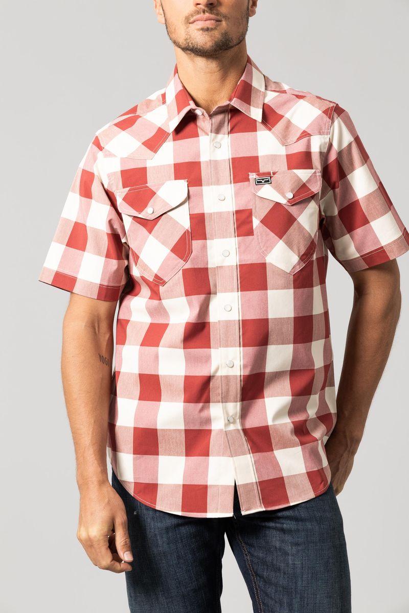 Kimes Ranch Malcom Buffalo Plaid Dress Shirt in Red with short sleeves and two chest pockets