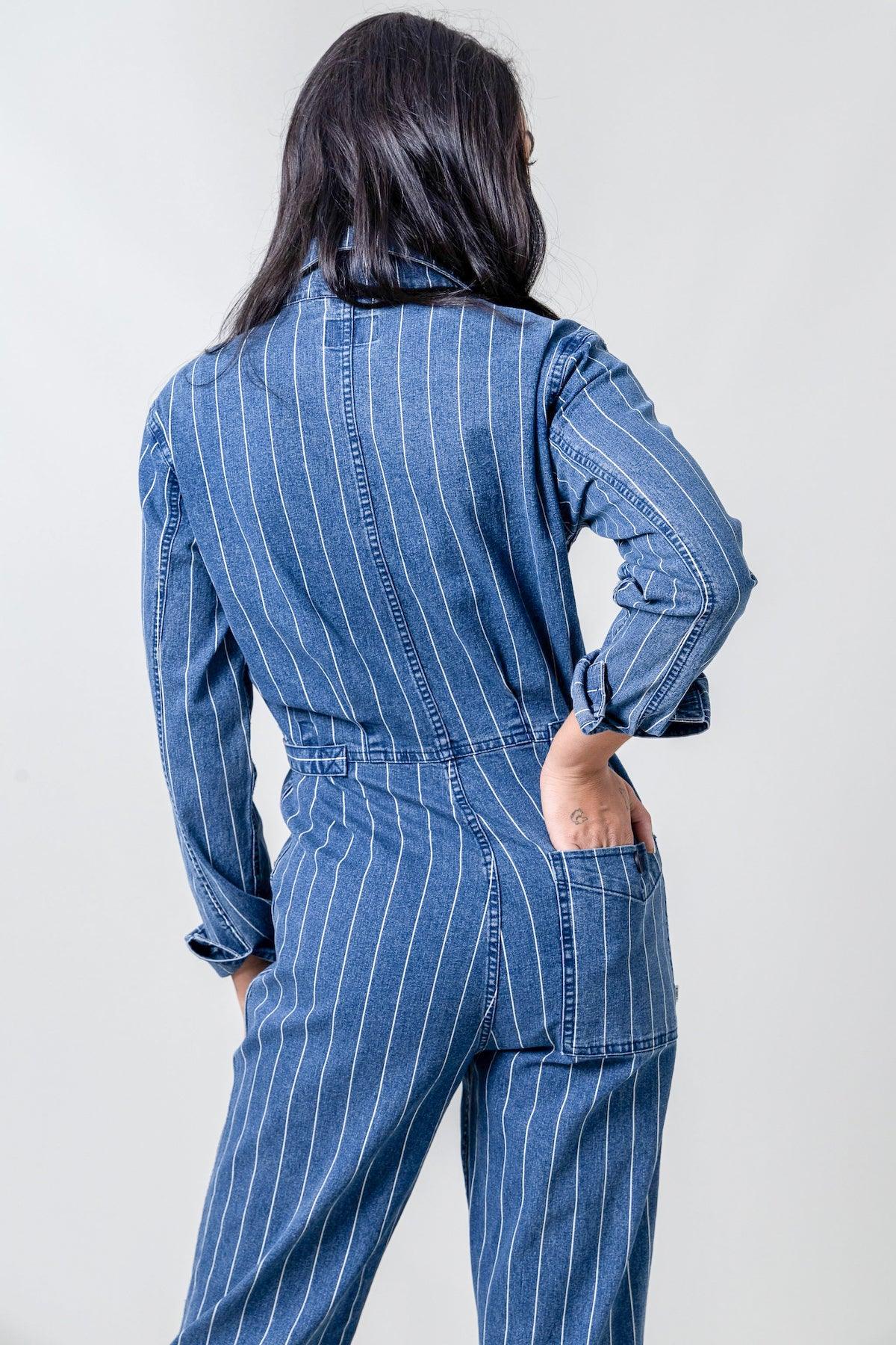 Kimes Ranch Chimayo Jumpsuit in Indigo, back view, with back patch pockets and rolled long sleeves