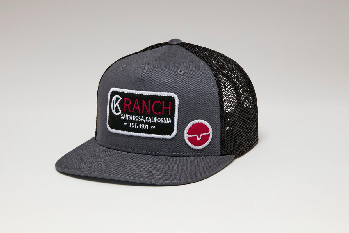 Kimes Ranch Ck31 Trucker Hat in charcoal with black mesh back and embroidered front patch with Kimes Ranch logo