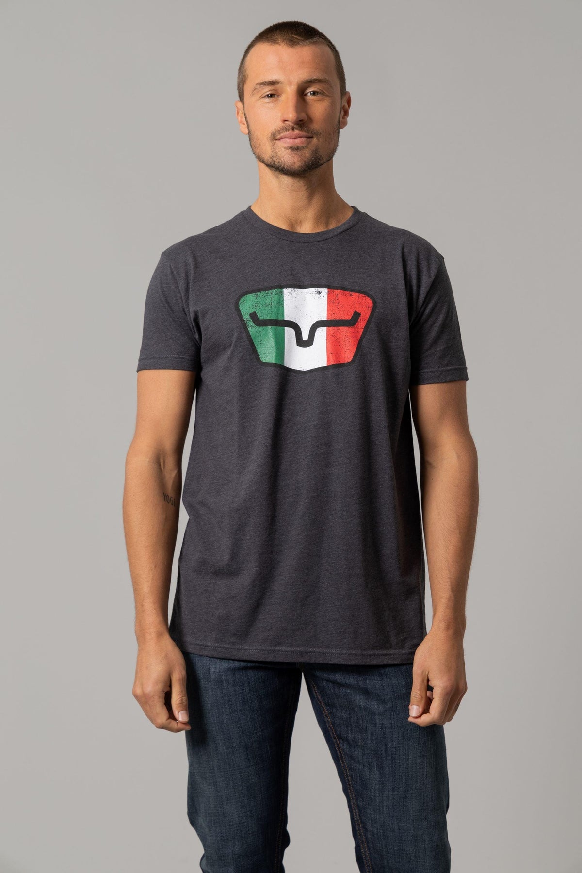Kimes Ranch Tri-Color Tee in Charcoal with a distressed Italian flag graphic featuring a stylized steer logo