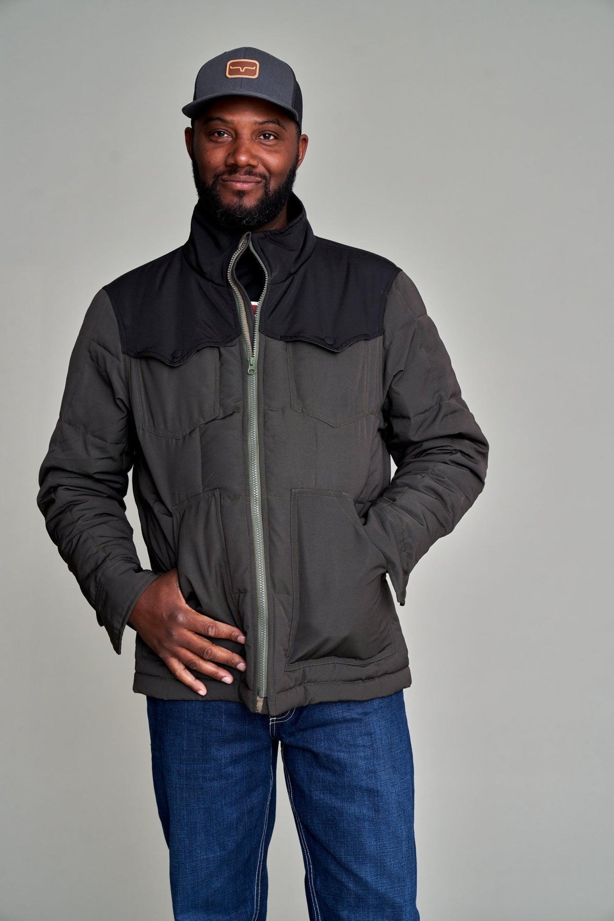 Kimes Ranch Colt Jacket in Black/Army with a black yoke, front zip, and two chest pockets