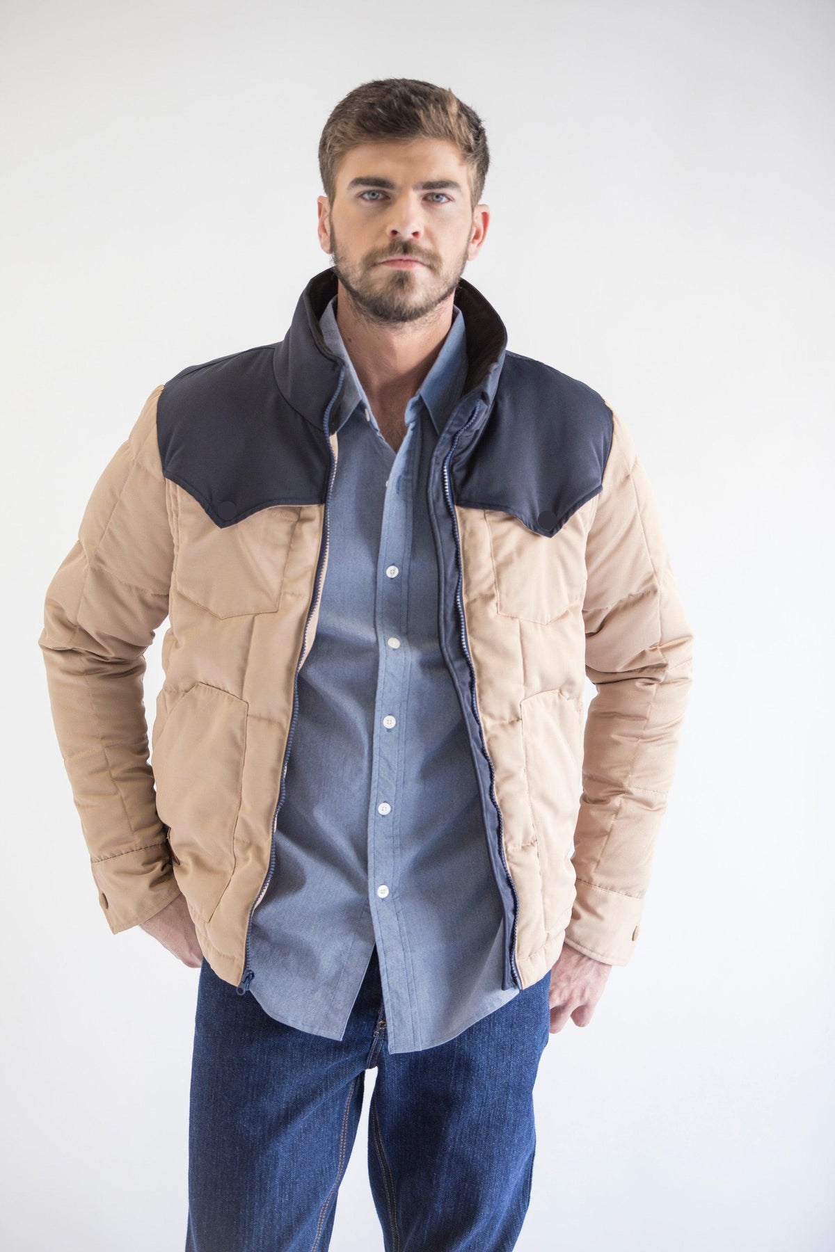 Kimes Ranch Colt Jacket in Navy Tan with a navy yoke and front pockets