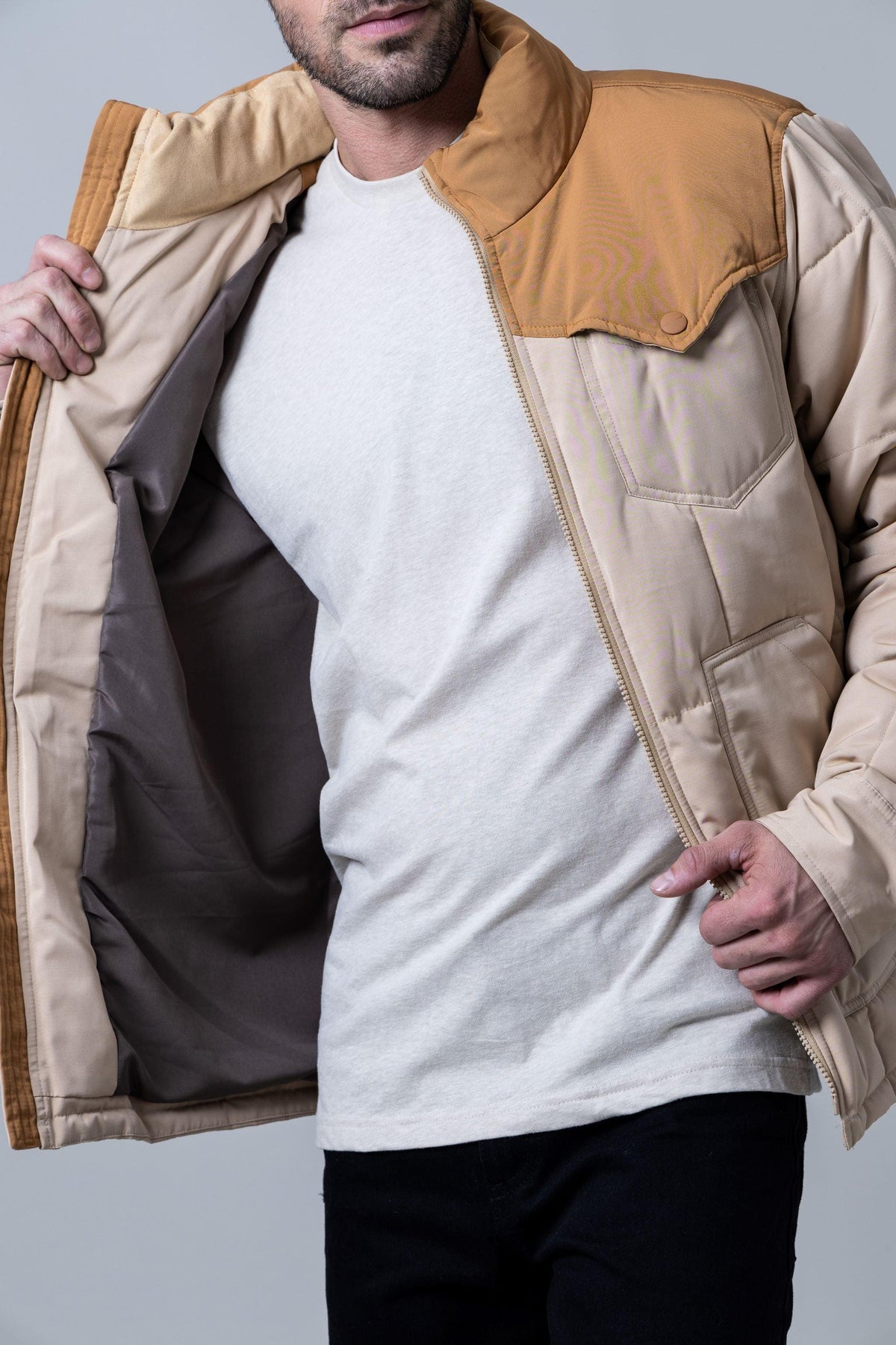 Kimes Ranch Colt Jacket in Tan with a quilted collar and front pockets
