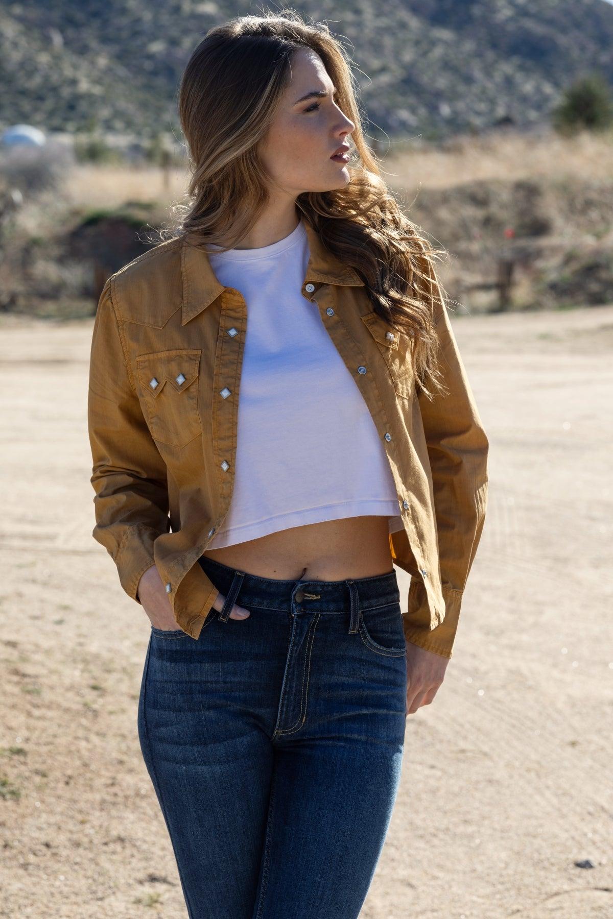 Kimes Ranch Annie Cropped Snap in Work Wear Brown with long sleeves and snap front