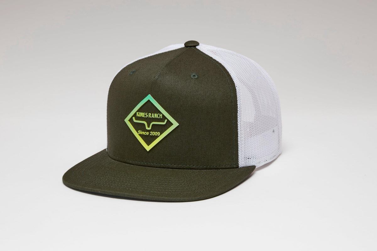 Kimes Ranch Diamond Dogs Trucker Hat in Army with white mesh back and Kimes Ranch logo on front