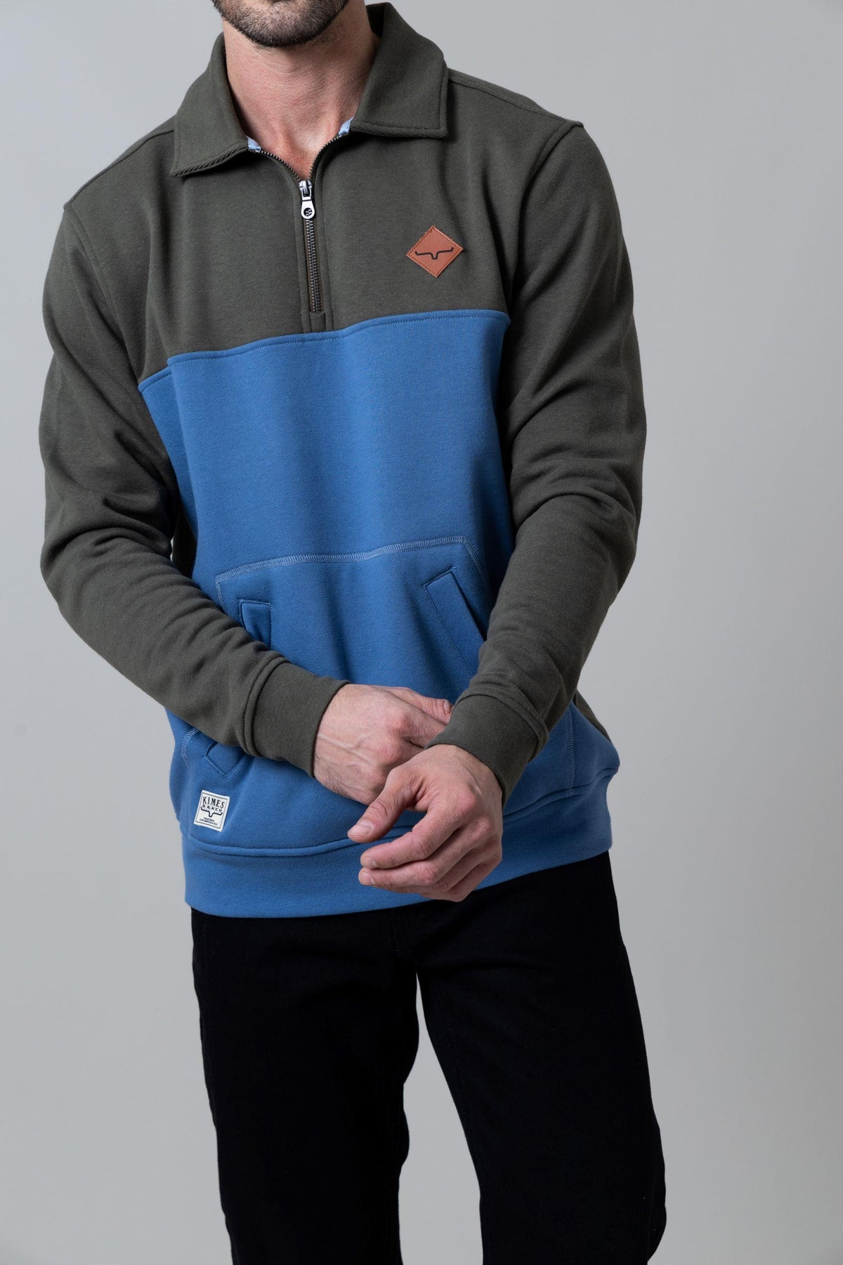 Kimes Ranch Diamond Head QZ Sweatshirt in Army And Blue with a quarter zip collar and front kangaroo pocket