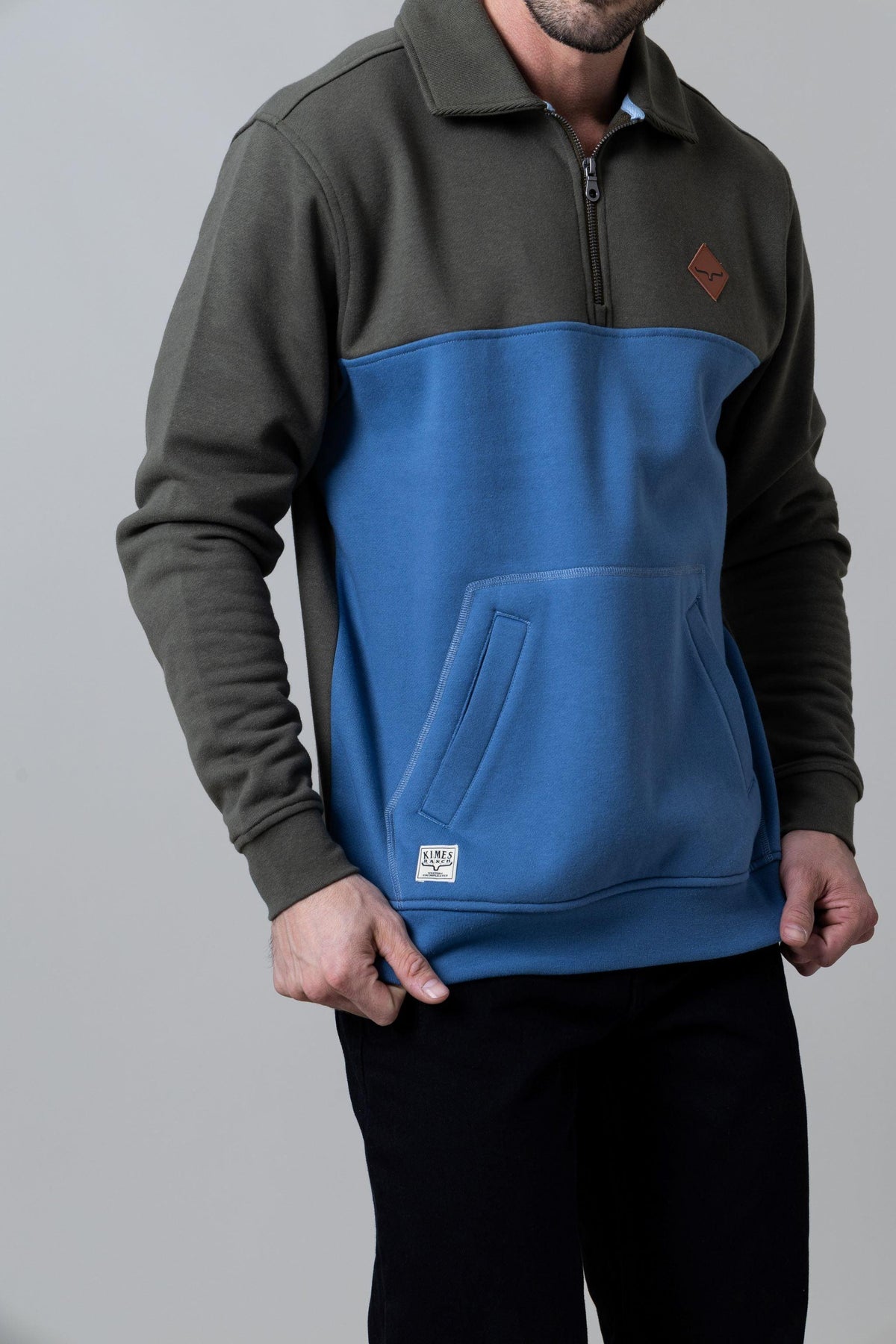 Kimes Ranch Diamond Head QZ Sweatshirt in Army And Blue with a front kangaroo pocket and Kimes Ranch logo