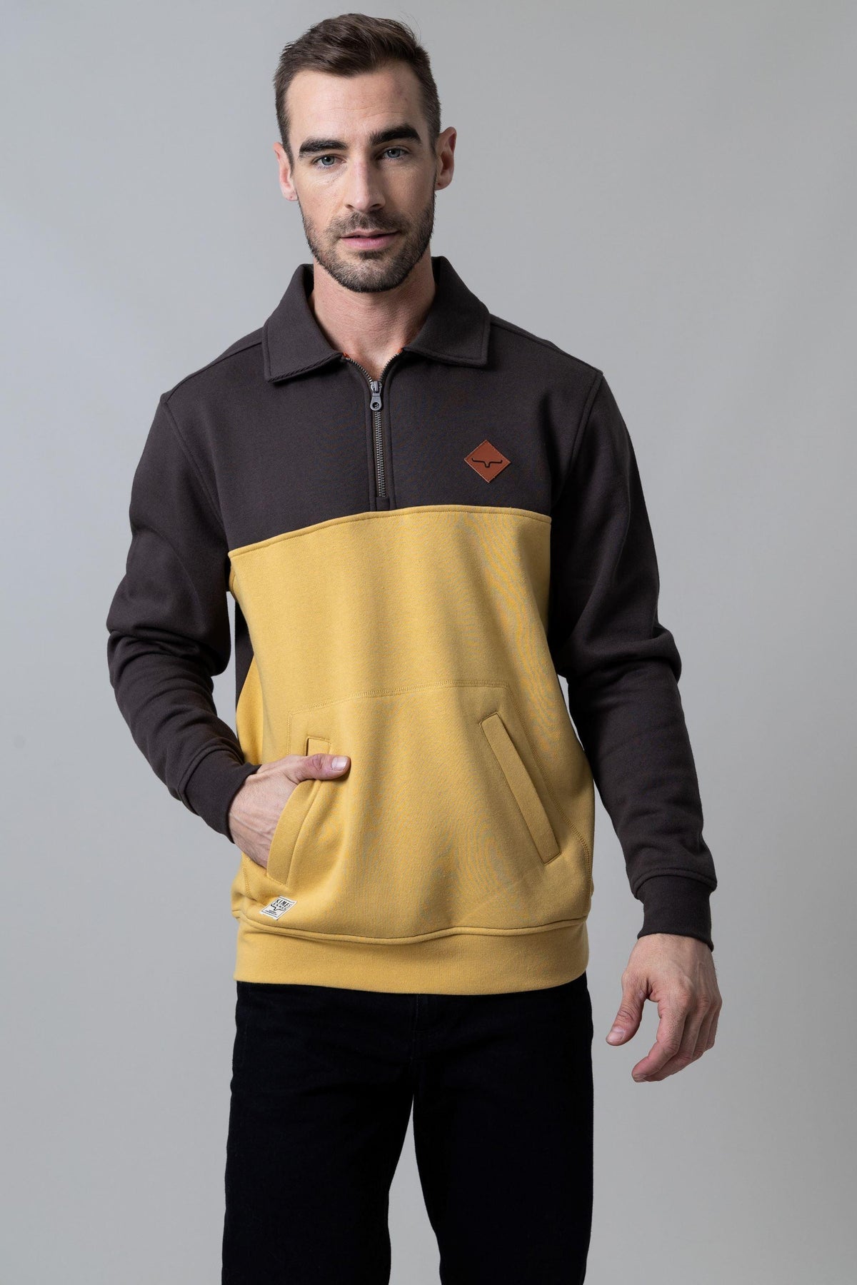 Kimes Ranch Diamond Head QZ Sweatshirt in Brown And Mustard with a quarter zip collar and front pockets