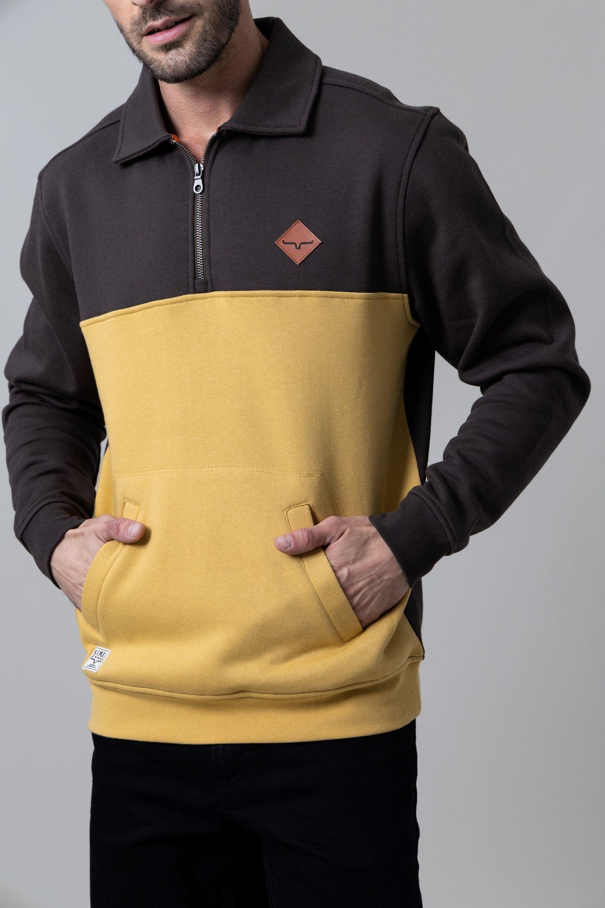 Kimes Ranch Diamond Head QZ Sweatshirt in Brown And Mustard with a quarter zip and front pockets