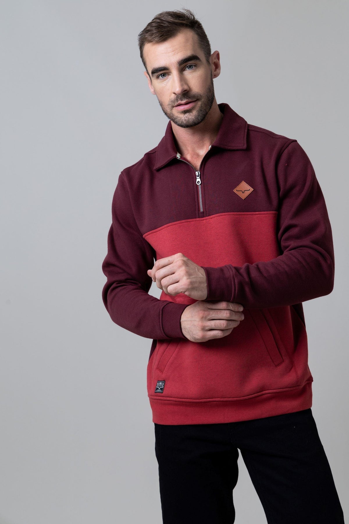 Kimes Ranch Diamond Head QZ Sweatshirt in Burgundy And Red with a quarter zip collar and front kangaroo pocket