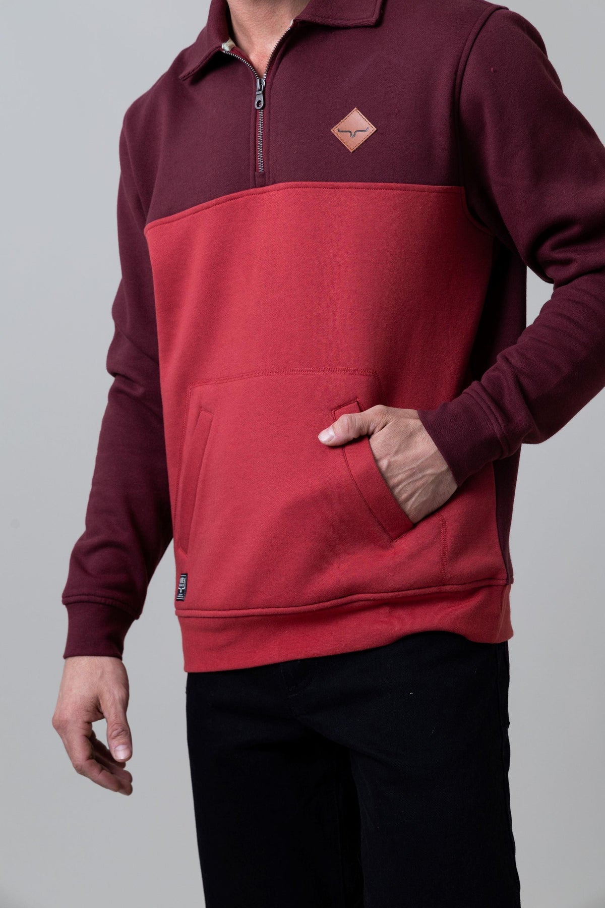 Kimes Ranch Diamond Head QZ Sweatshirt in Burgundy And Red with a front kangaroo pocket and logo patch