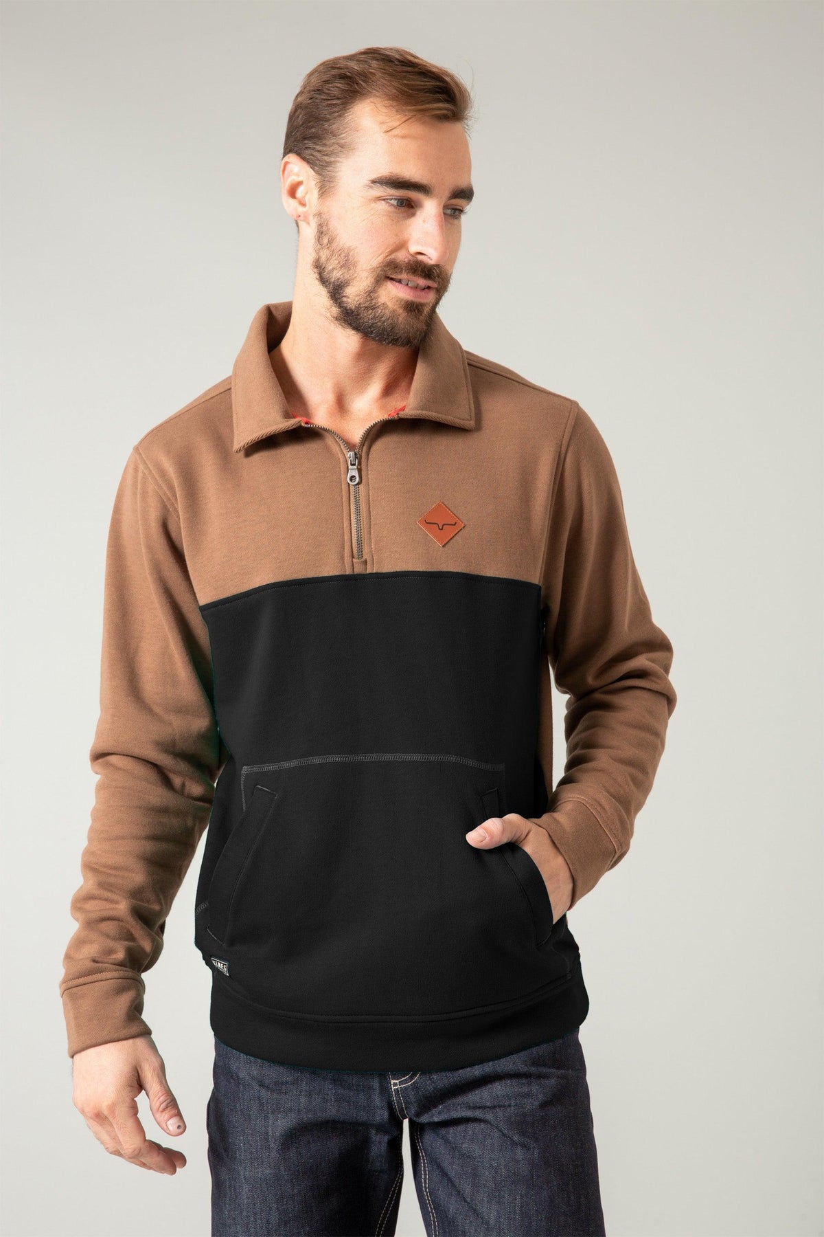 Kimes Ranch Diamond Head QZ Sweatshirt in Brown Heather with a quarter zip collar and front pockets
