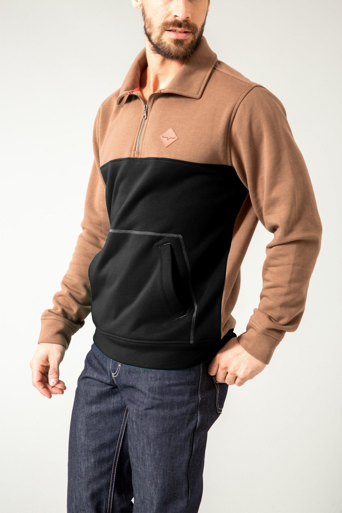 Kimes Ranch Diamond Head QZ Sweatshirt in Brown Heather with a black color block front and a logo patch