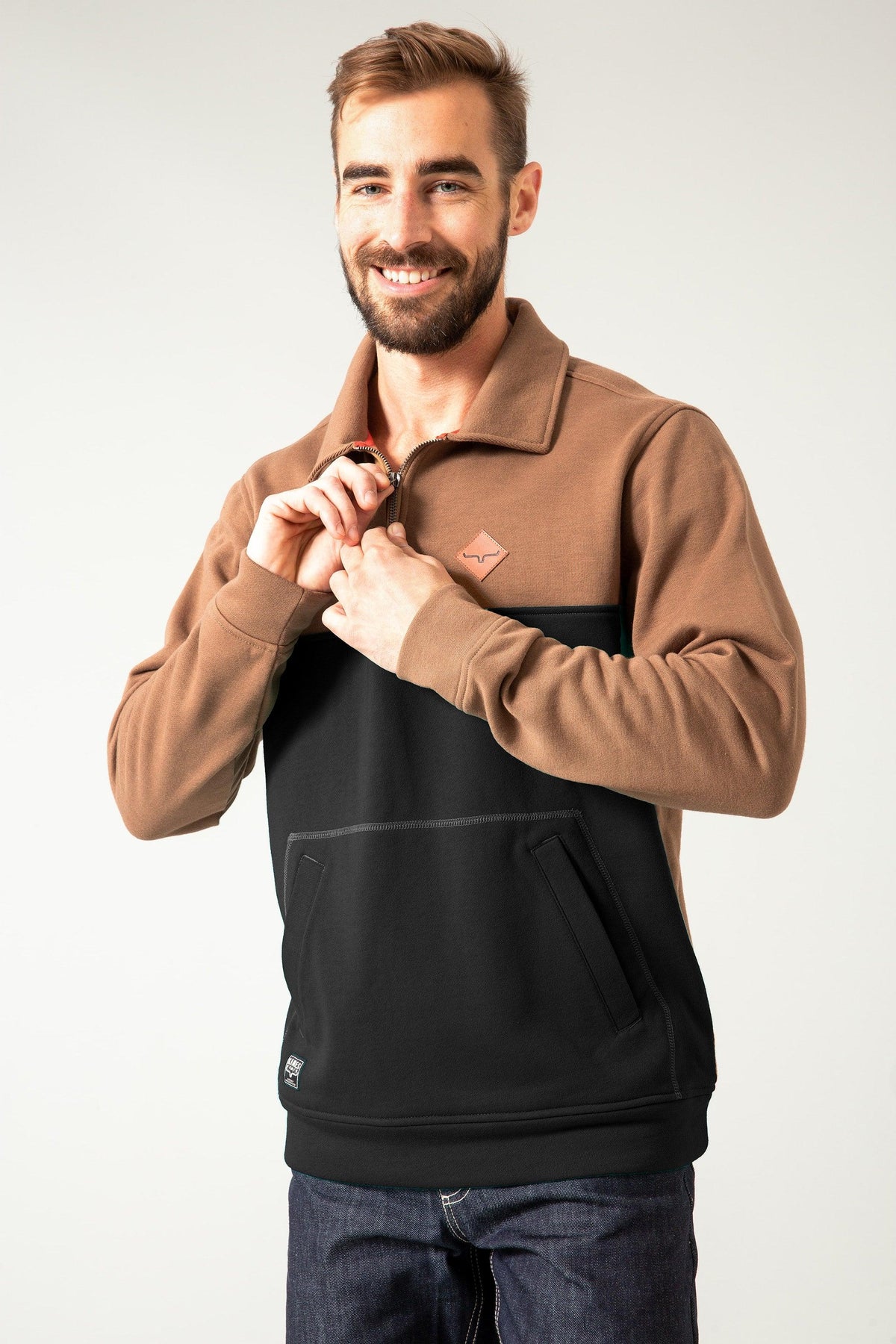 Kimes Ranch Diamond Head QZ Sweatshirt in Brown Heather with a quarter zip, front kangaroo pocket and logo patch