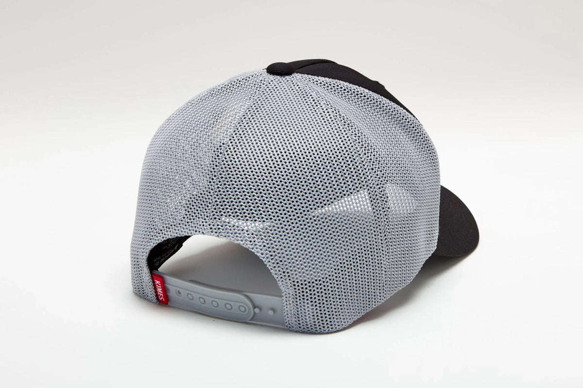 Kimes Ranch 110 Double Trac Trucker Hat, back view, in grey mesh with black front panels and adjustable snap closure