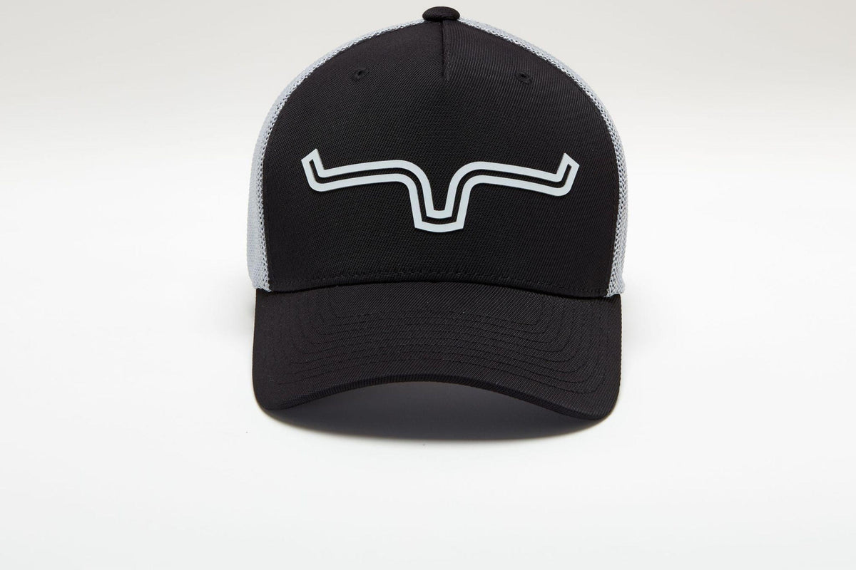 Kimes Ranch 110 Double Trac Trucker Hat in black with grey mesh back and white logo on front