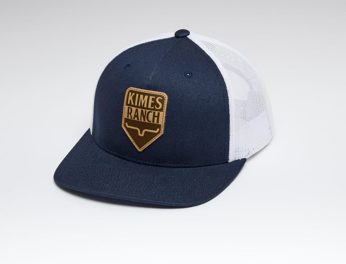 Kimes Ranch Drop In Trucker Hat in Navy with white mesh back and logo patch