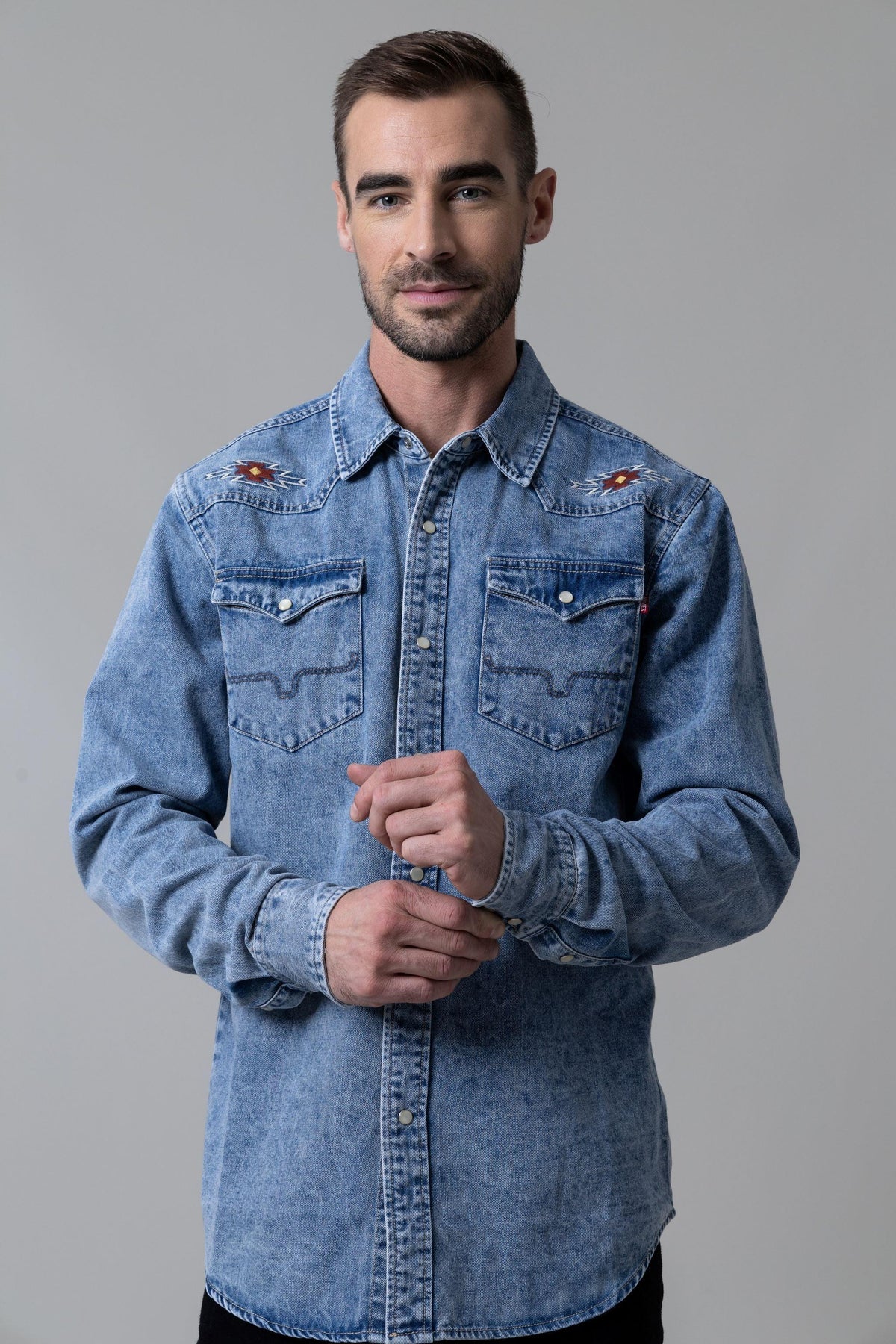 Kimes Ranch Durango Denim dress shirt in Indigo Blue with embroidered shoulder details and two chest pockets
