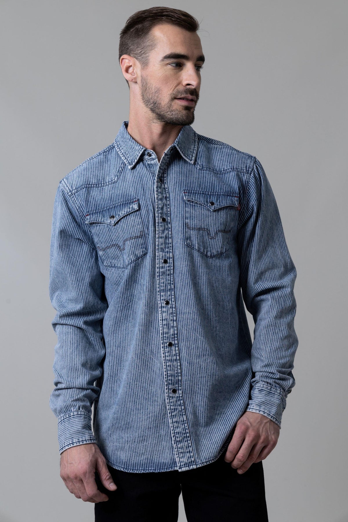 Kimes Ranch Durango Denim dress shirt in Indigo Striped with western yoke and two chest pockets