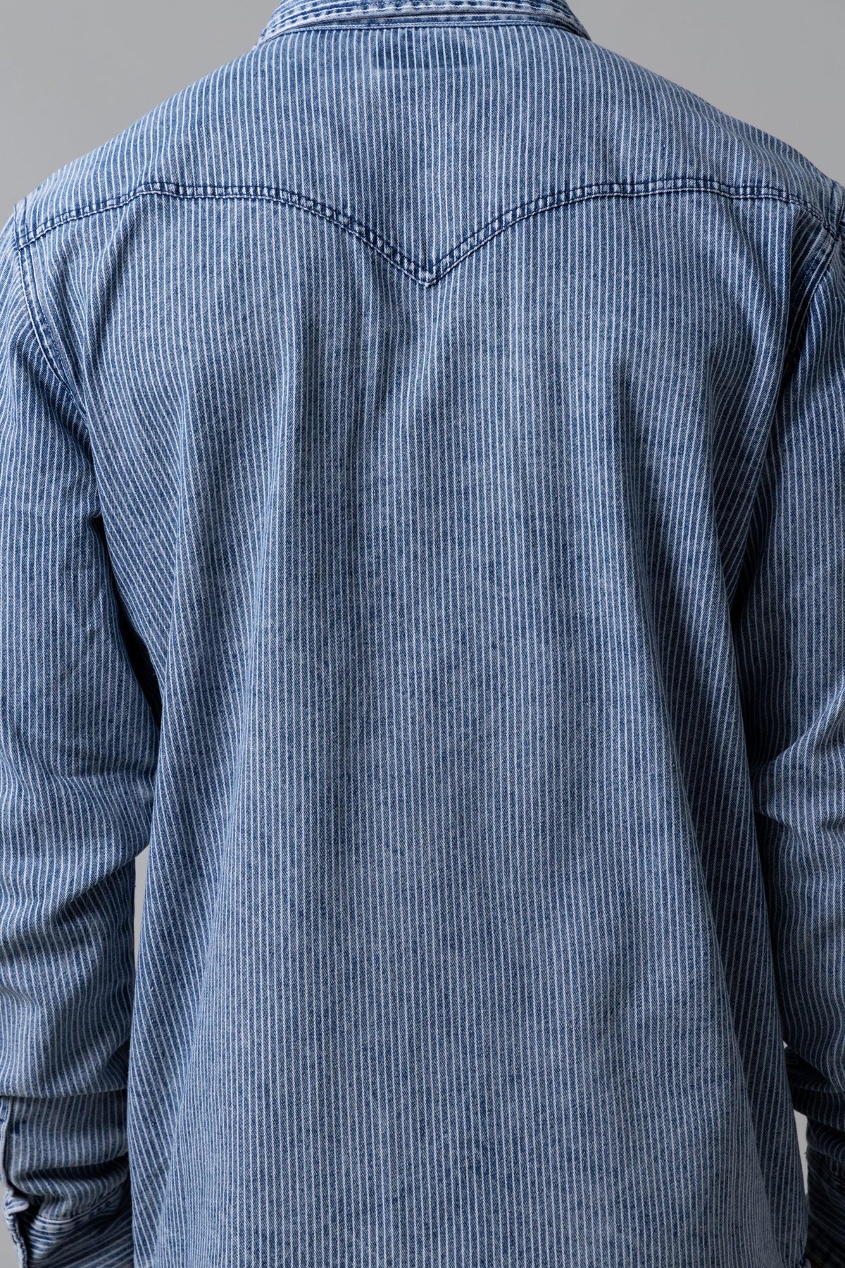 Kimes Ranch Durango Denim dress shirt in Indigo Striped, back view, with a back yoke detail