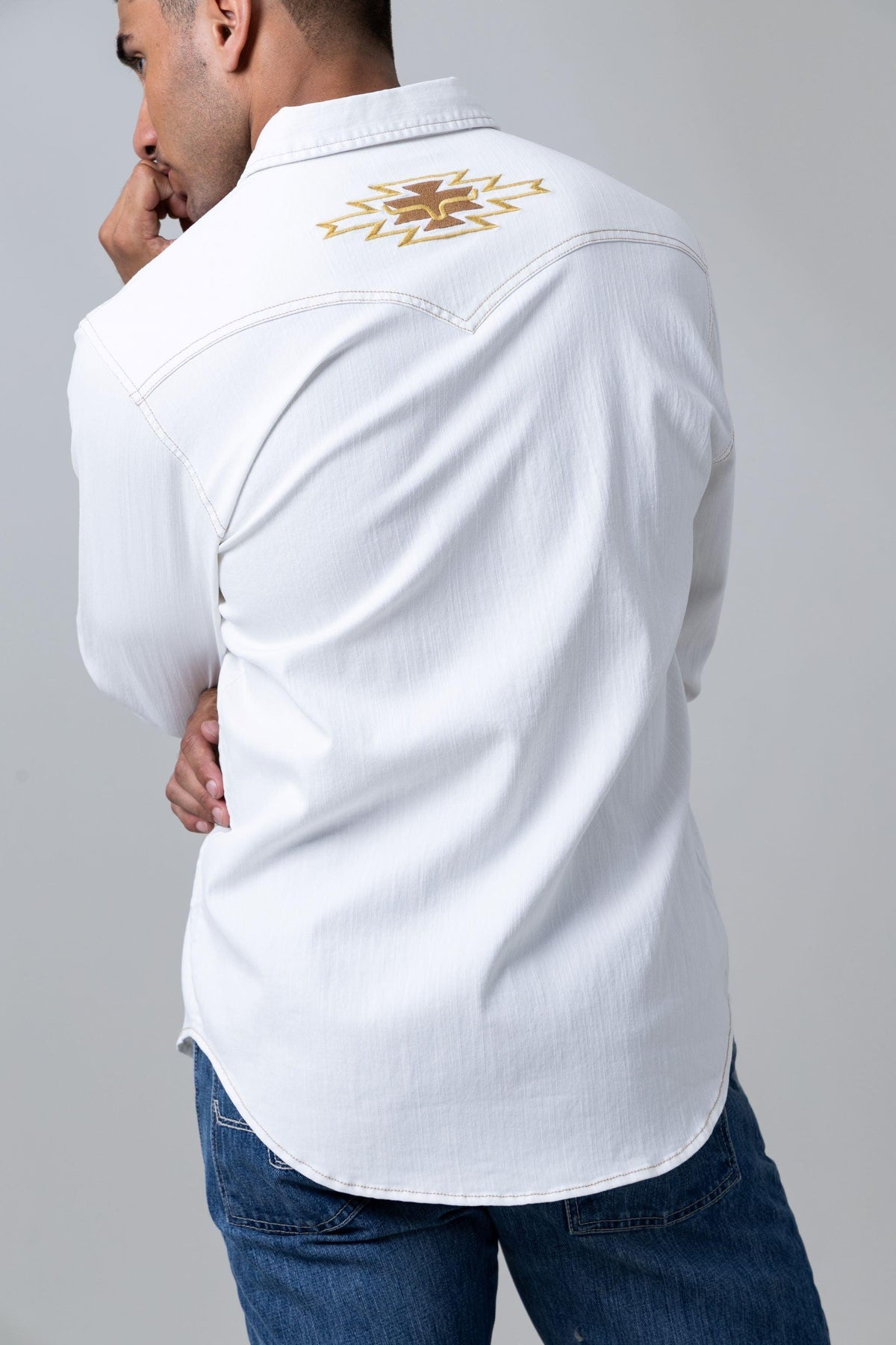 Kimes Ranch Durango Denim dress shirt in Natural, back view, with embroidered Kimes Ranch logo on the back yoke