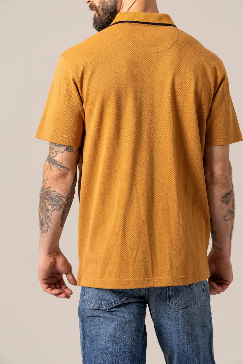 Kimes Ranch El Capitan Polo in Work Wear Brown, back view, with short sleeves and a black contrast collar trim