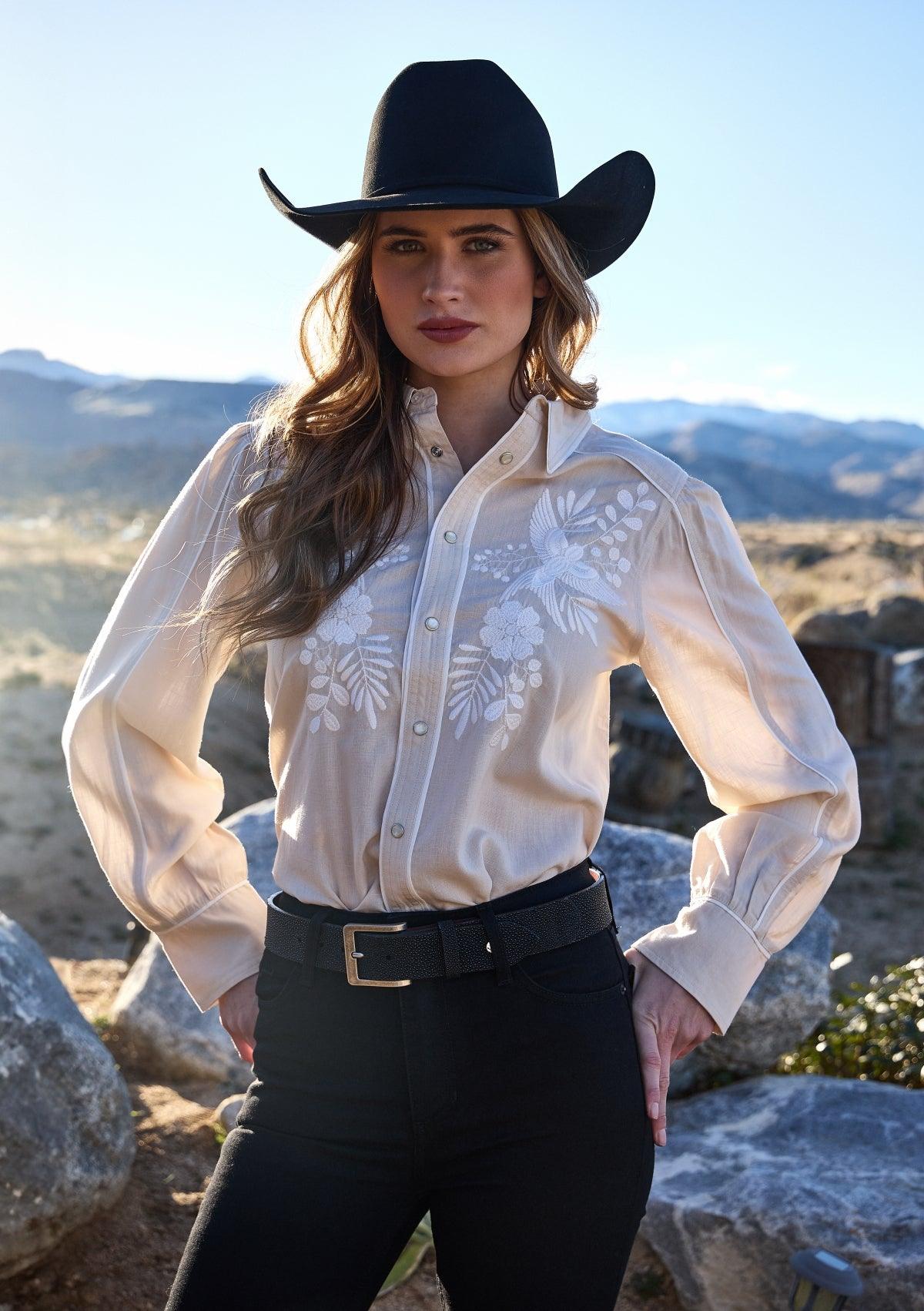 Kimes Ranch Emilia Tencel top in Natural with white floral embroidery on the front