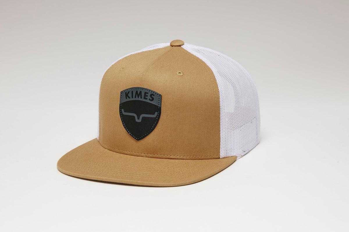 Kimes Ranch Falcon Trucker Hat in Work Wear Brown, side view, with white mesh back and Kimes Ranch logo patch