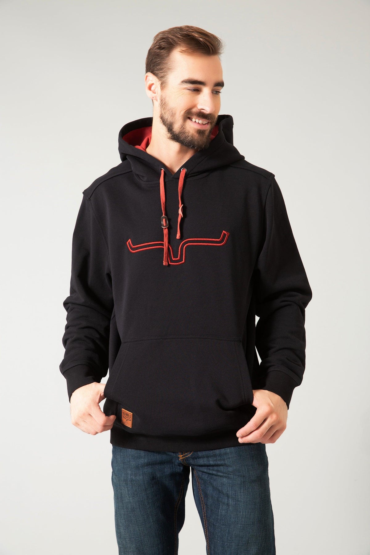 Kimes Ranch Fast Talker Hoodie in Black with red embroidered steer logo and red drawstrings
