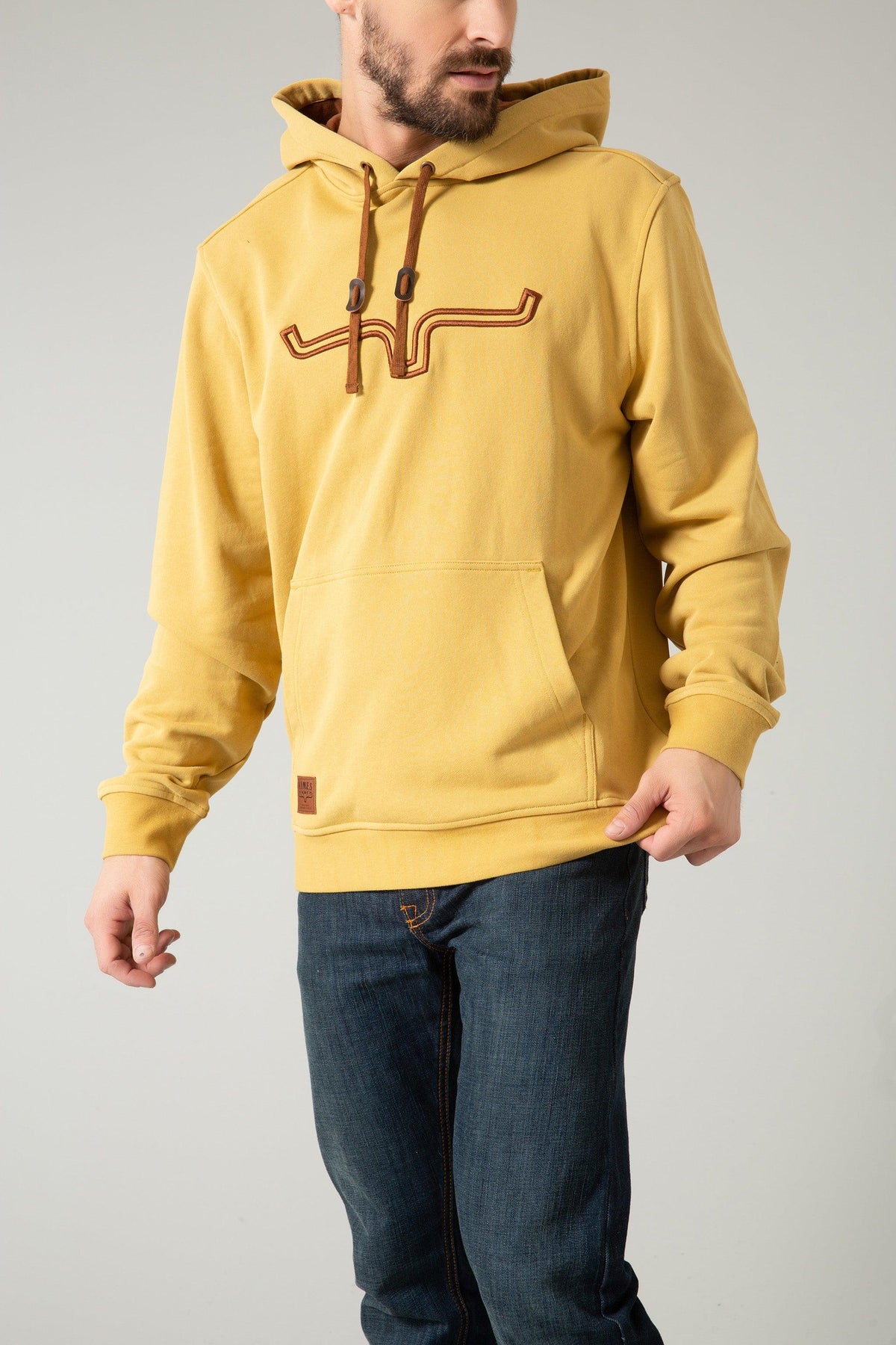 Kimes Ranch Fast Talker Hoodie in Mustard with embroidered logo and kangaroo pocket