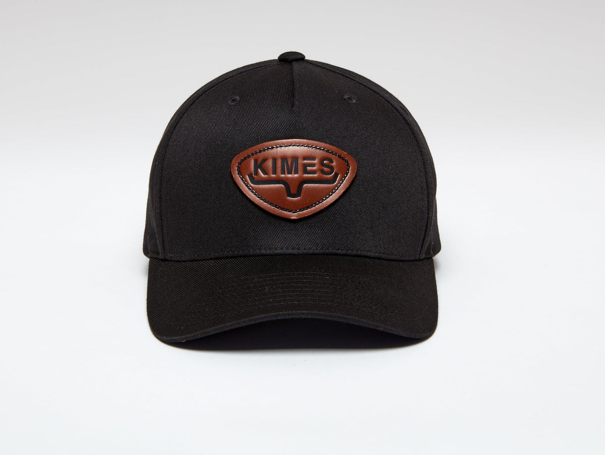 Kimes Ranch Fender Hat in Black with a brown logo patch on the front