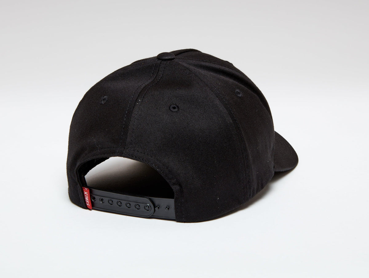 Kimes Ranch Fender Hat in Black, back view, with a rear adjustable strap and red Kimes Ranch logo tab