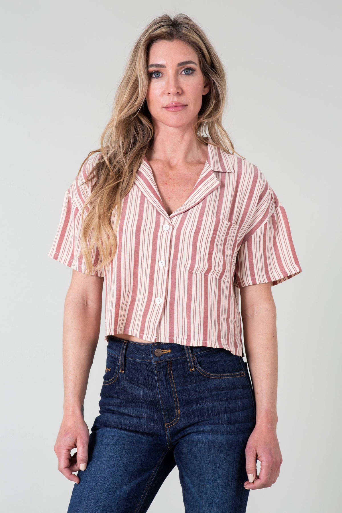 Kimes Ranch Ferris Top in Earth Red with short sleeves and a button front