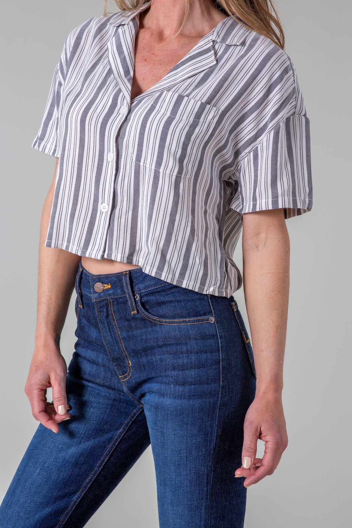 Kimes Ranch Ferris Top in Forged Iron with short sleeves, a button front, and a single chest pocket