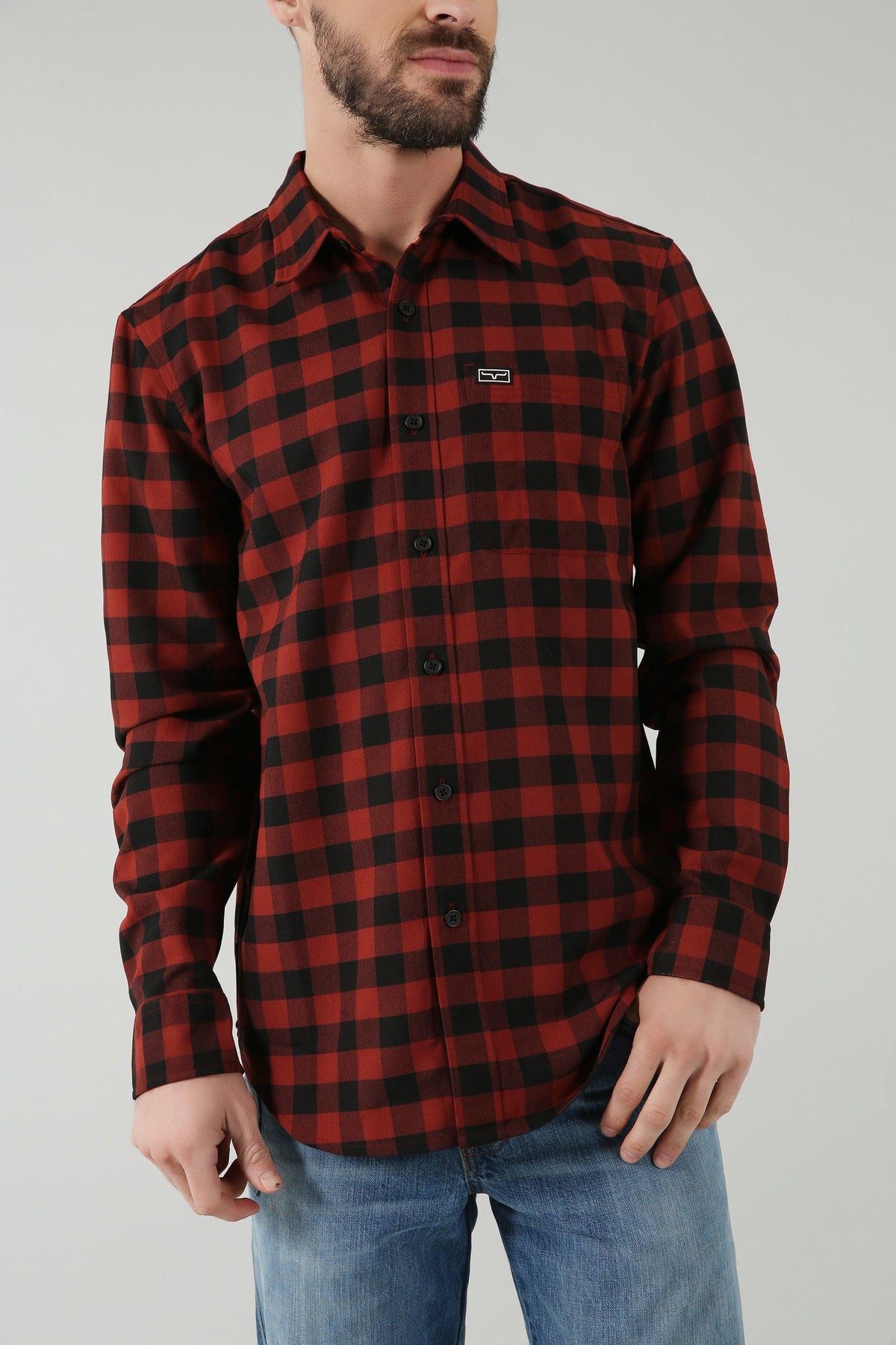 Kimes Ranch Garrison Dress Shirt in Dark Red with a black check pattern and a chest pocket