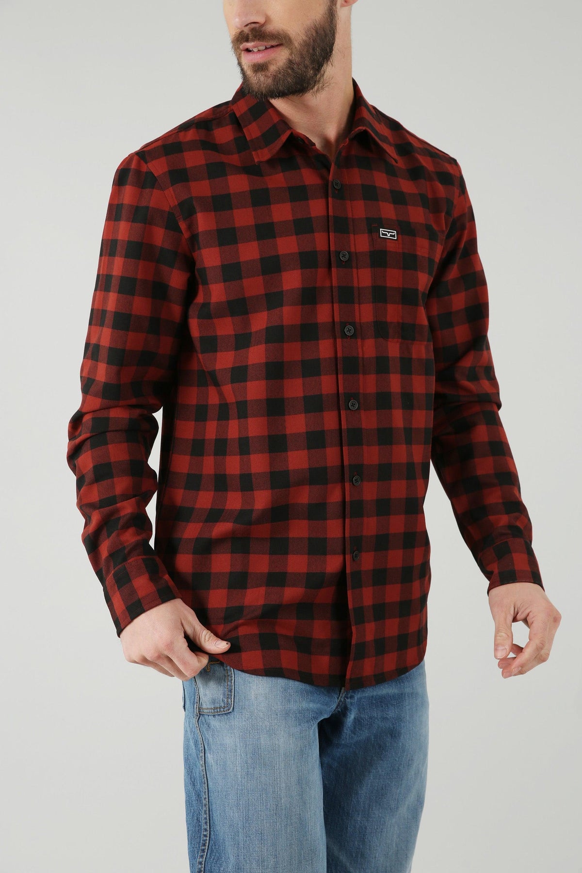 Kimes Ranch Garrison Dress Shirt in Dark Red with black buffalo plaid pattern and chest pocket