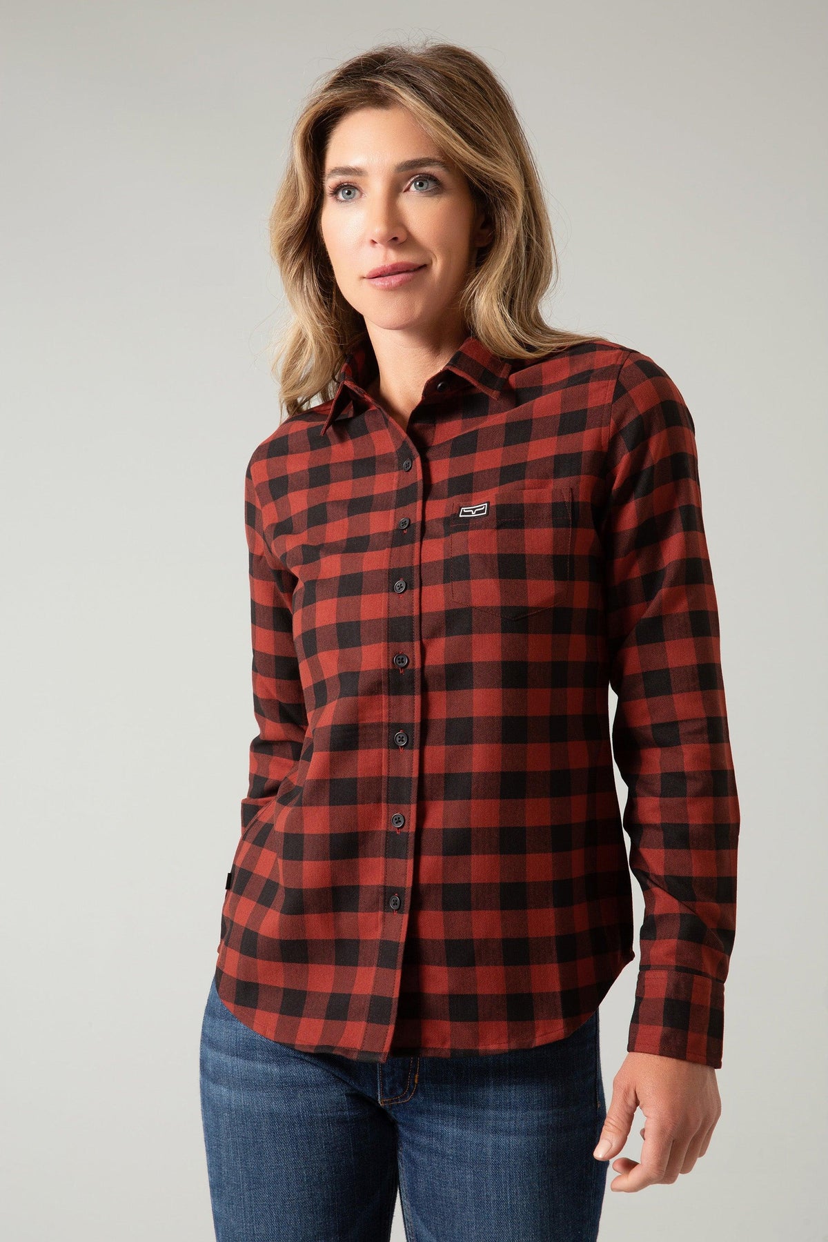 Kimes Ranch Ladies Garrison top in Dark Red with black buffalo plaid pattern and chest pocket
