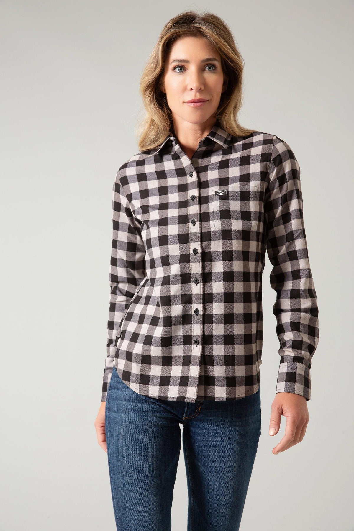 Kimes Ranch Ladies Garrison top in Grey Heather with a black and white check pattern, long sleeves
