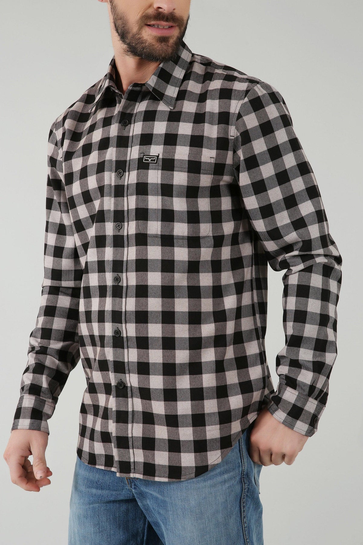Kimes Ranch Garrison Dress Shirt in Grey Heather with a black and grey check pattern and a chest pocket