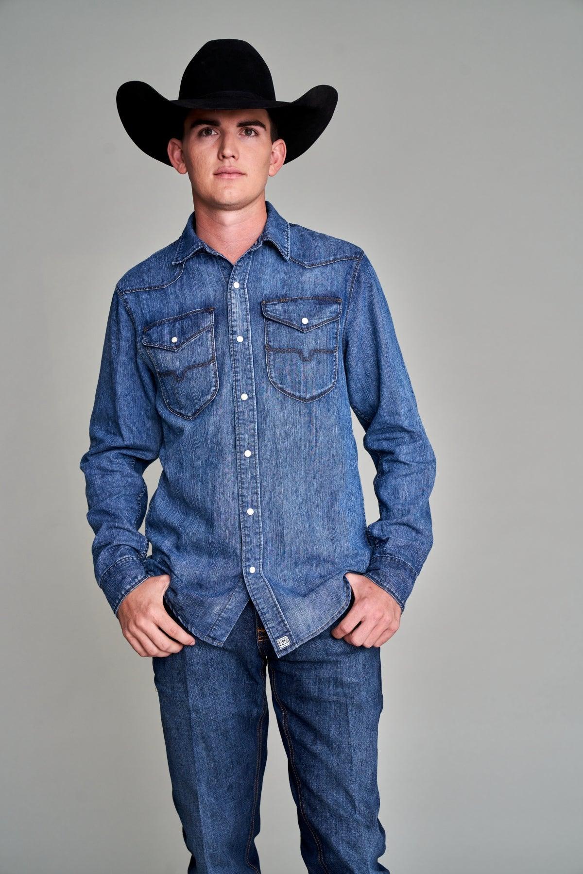 Kimes Ranch Grimes Dress Shirt in Dark Indigo with chest pockets and contrast stitching
