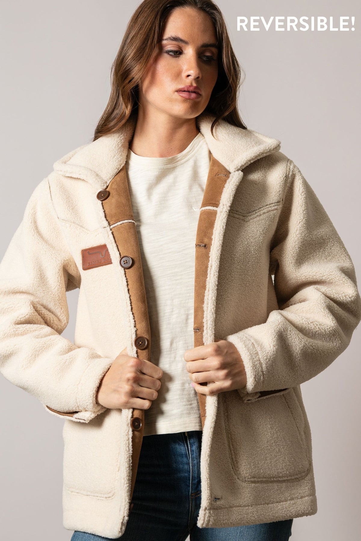 Kimes Ranch Hanna jacket in Tobacco with reversible cream and tan sherpa lining and front pockets