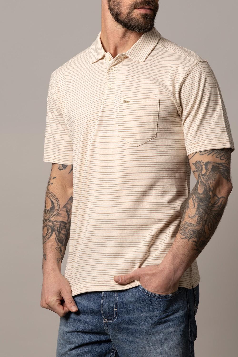 Kimes Ranch Harlan Polo in Natural with a chest pocket and subtle horizontal stripes