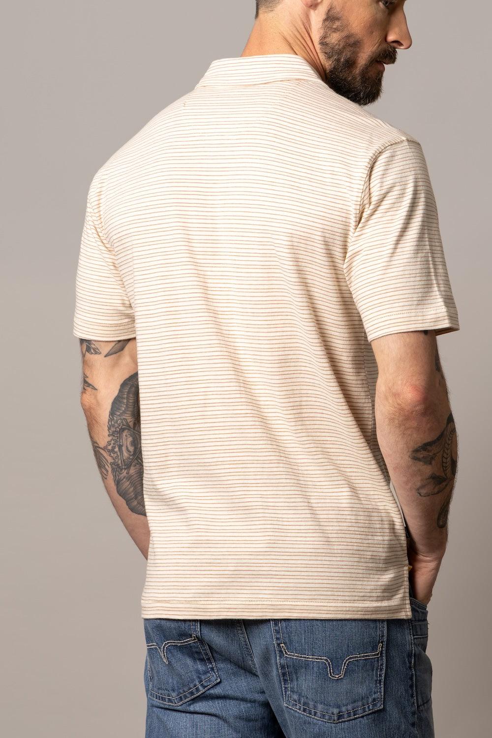Kimes Ranch Harlan Polo in Natural, back view, with short sleeves and horizontal stripes