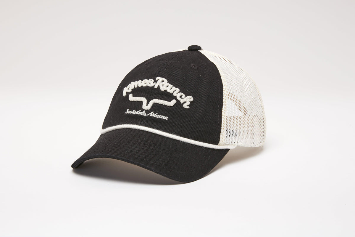 Kimes Ranch Hulett Hat in Black, side view, with white mesh back and embroidered logo