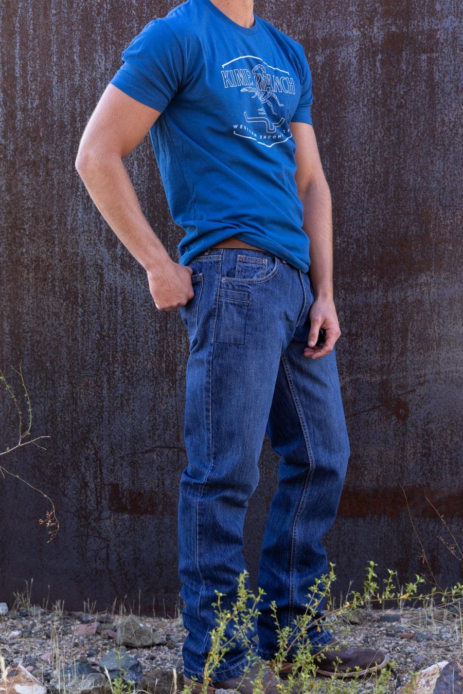 Kimes Ranch Dillon relaxed bootcut jeans in blue with back pockets and visible stitching