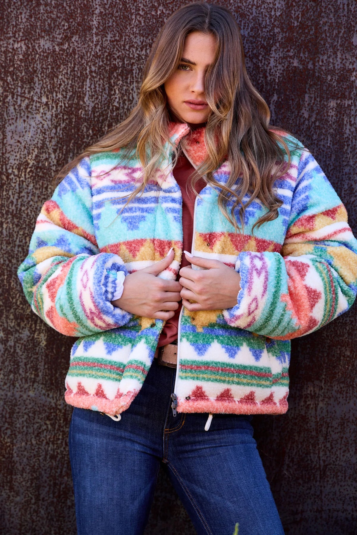 Kimes Ranch Jaycee Jacket in Turquoise with a multi-color geometric pattern and a zip front