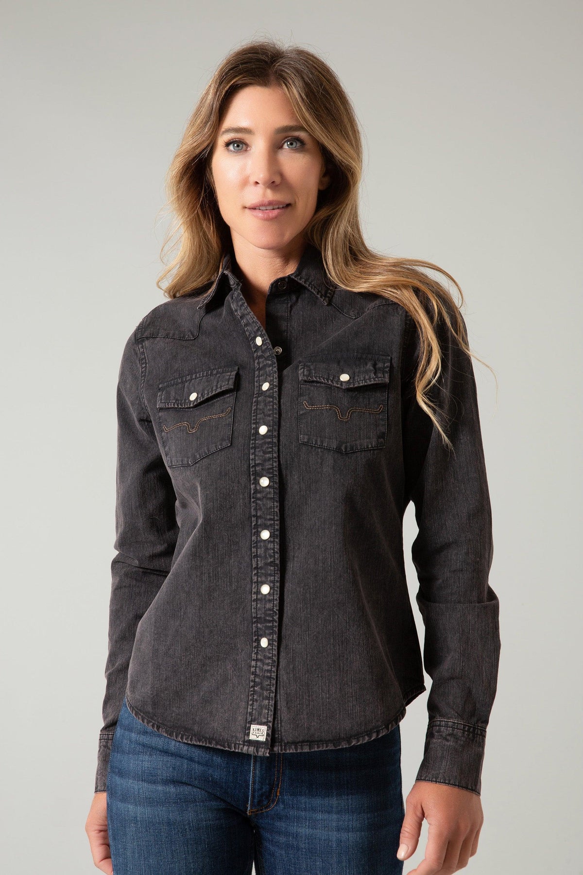 Kimes Ranch Kaycee Denim Top in OD Black Denim with western yoke and two chest pockets with button flaps