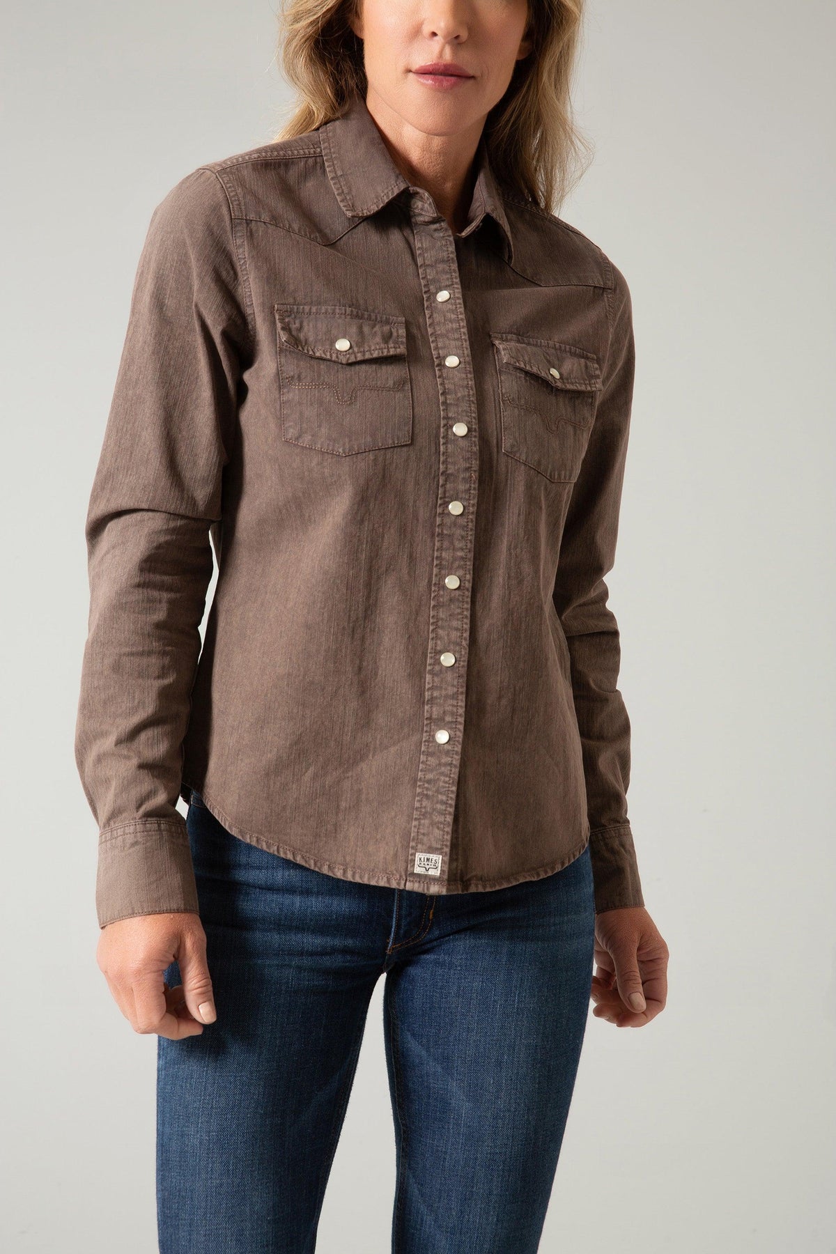 Kimes Ranch Kaycee Denim Top in OD Brown with snap-button front and two chest pockets