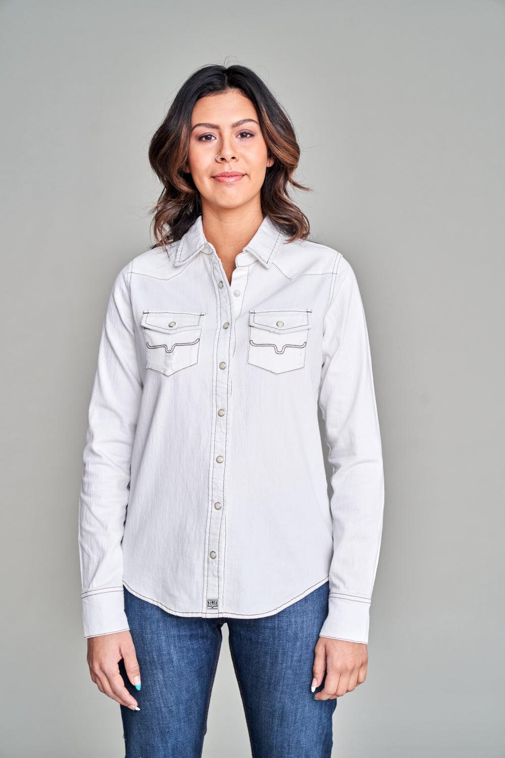 Kimes Ranch Kaycee Denim Top in Winter White with contrast stitching and two chest pockets
