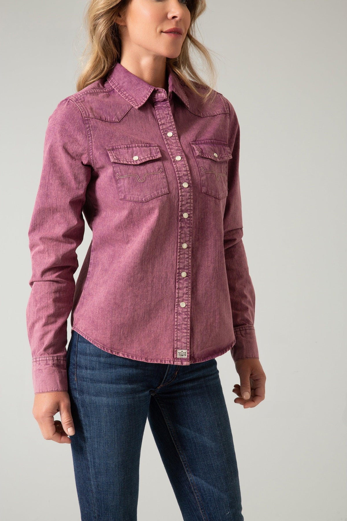 Kimes Ranch Kaycee Denim Top in Od Wine with a western yoke and embroidered chest pockets